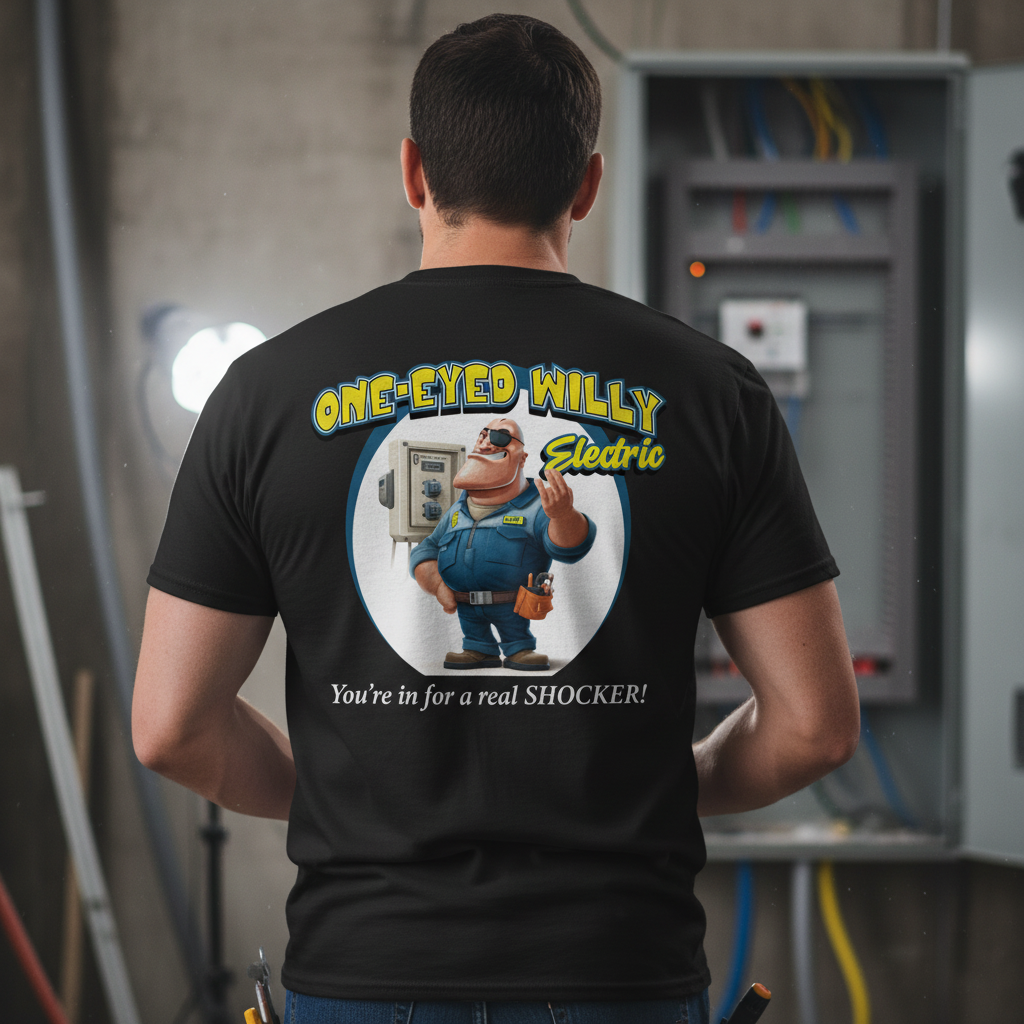 Electrician wearing shirt showing back design with electrical panel