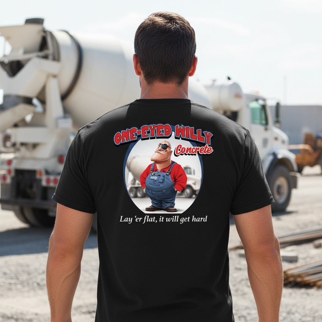 Concrete worker wearing shirt showing back design at construction site
