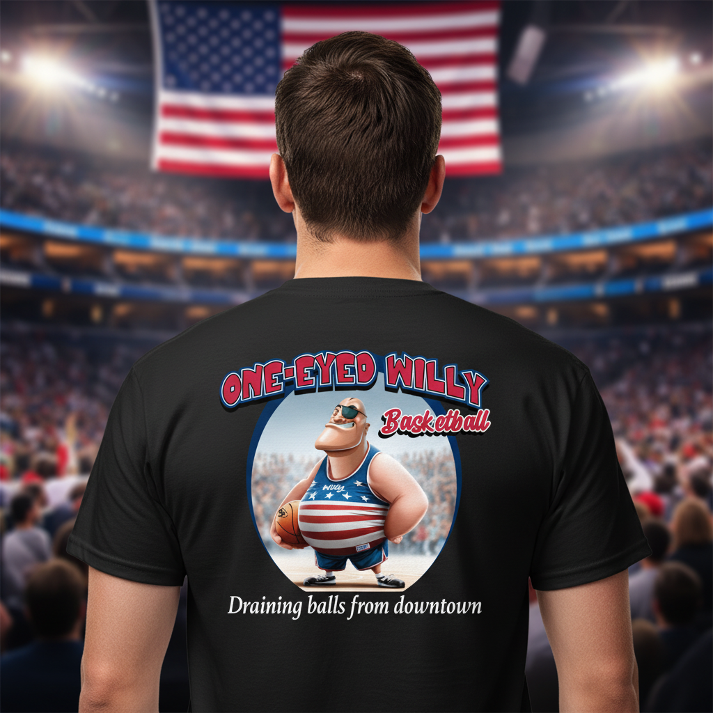 Basketball fan wearing shirt showing back design in arena