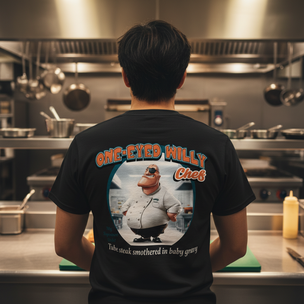 Chef wearing shirt showing back design in professional kitchen