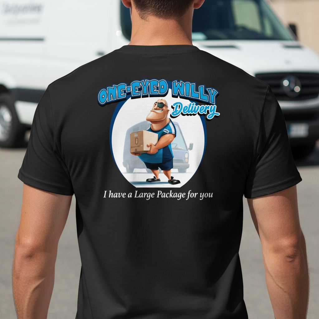 Delivery driver wearing shirt showing back design with blue van