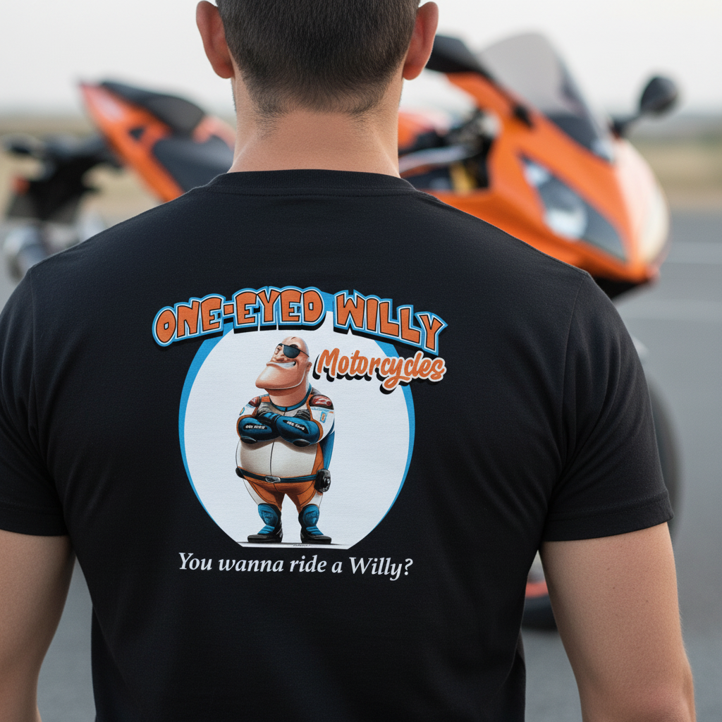 Sportbike rider wearing shirt showing back design with motorcycle