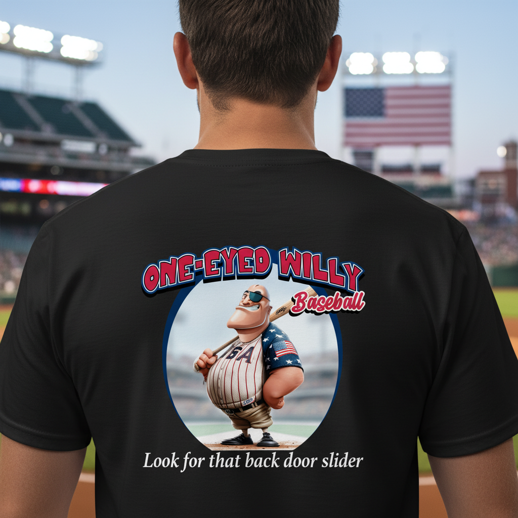 Baseball fan wearing shirt showing back design in stadium