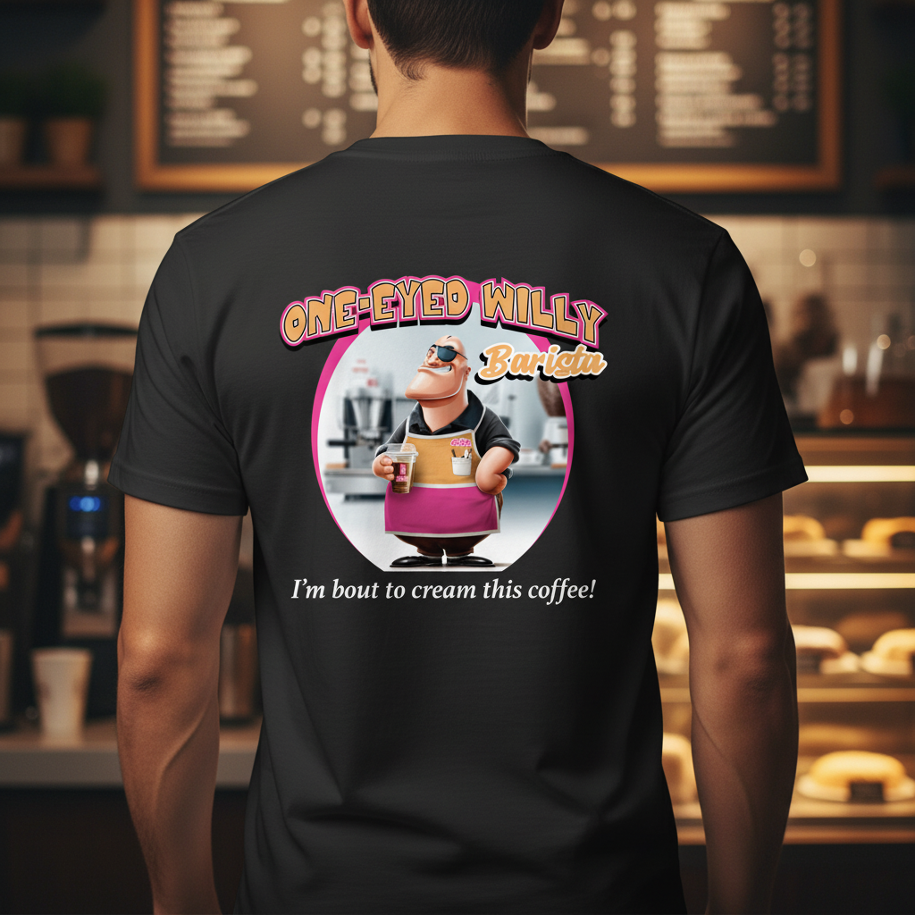 Barista wearing shirt showing back design at coffee shop counter