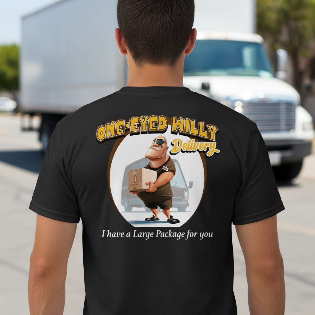 Delivery driver wearing shirt showing back design with brown truck